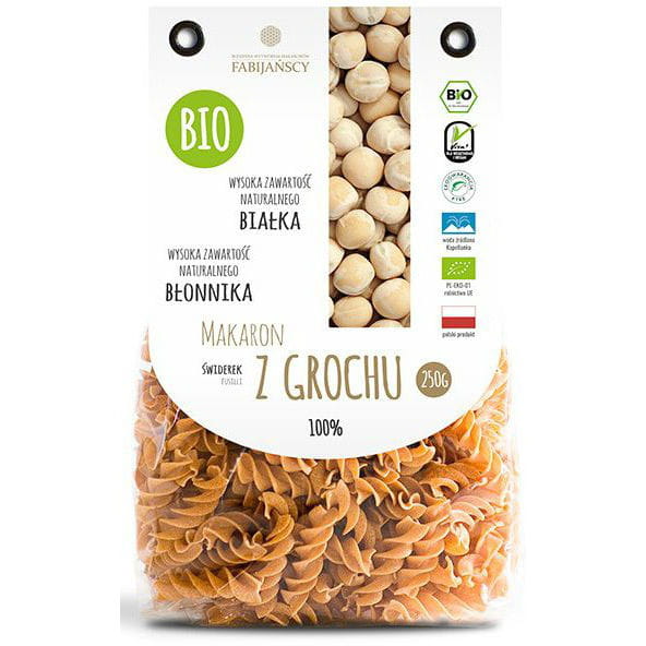 Vollkornnudeln aus Erbsen, Fusilli BIO von FABIJAŃSCY, 250 g, rohen Nudeln auf weißem Hintergrund