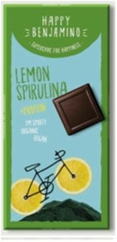 Vegane Bio-Schokolade mit Spirulina, Zitronenöl und Protein, glutenfrei, 70 g, von BIOBENJAMIN, zeigt die Schokolade in der Verpackung