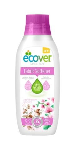Weichspüler von ECOVER mit Apfelblüten- und Mandelduft in 750 ml Flasche, zeigt die elegante Verpackung und den Duft.