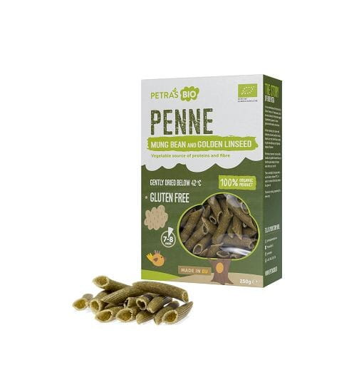 Mungobohnen-Penne aus goldgelbem Lein, glutenfrei, rohes Bio-Gebäck in 250 g Verpackung von PETRAS BIO