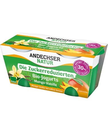Bio Mangojoghurt Vanille von ANDECHSER NATUR mit reduziertem Zuckergehalt, 2x125 g, cremige Fruchtjoghurt in Bechern