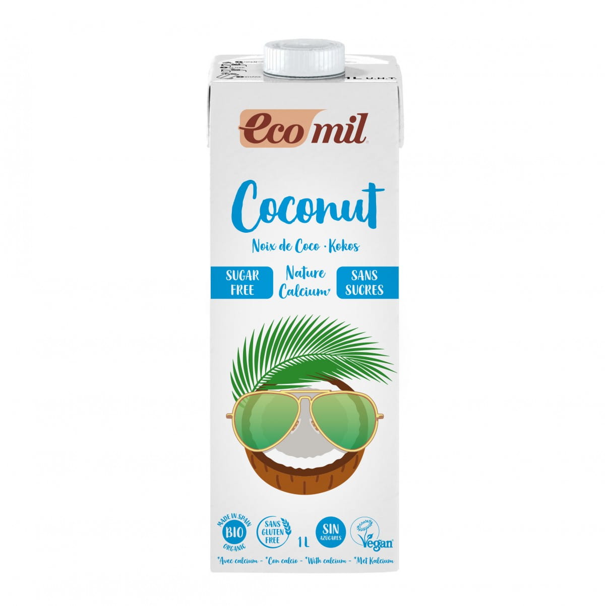 Bio Kokosgetränk ohne Zucker mit Calcium, 1000 ml Flasche von ECOMIL, zeigt die Kokosnuss und die Flasche vor weißem Hintergrund