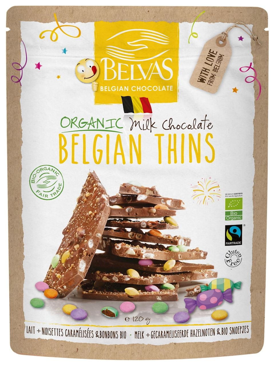 Milchschokolade mit bunten Dragees, glutenfrei und BIO, BELVAS, 120 g, zeigt das fröhliche Schokoladenstück mit bunten Süßigkeiten.