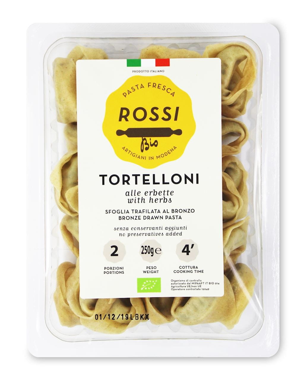 Frische Bio-Tortellini mit Ricotta und Kräutern von Pasta Fresca Rossi, auf weißem Teller serviert.