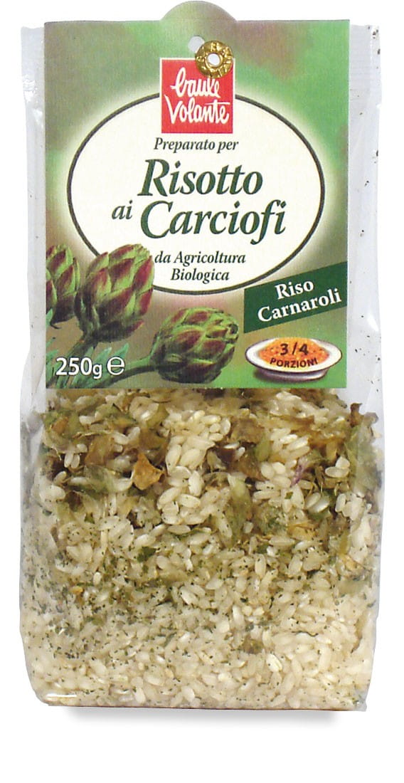 Bio Risotto mit Artischocken von BAULE VOLANTE, ECOR, in 250 g Packung, zeigt cremiges Risotto mit sichtbaren Artischockenstücken.