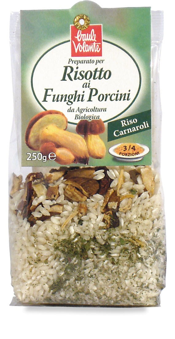 Bio Risotto mit Steinpilzen von BAULE VOLANTE, in 250 g Packung, zeigt cremiges Risotto mit getrockneten Steinpilzen.