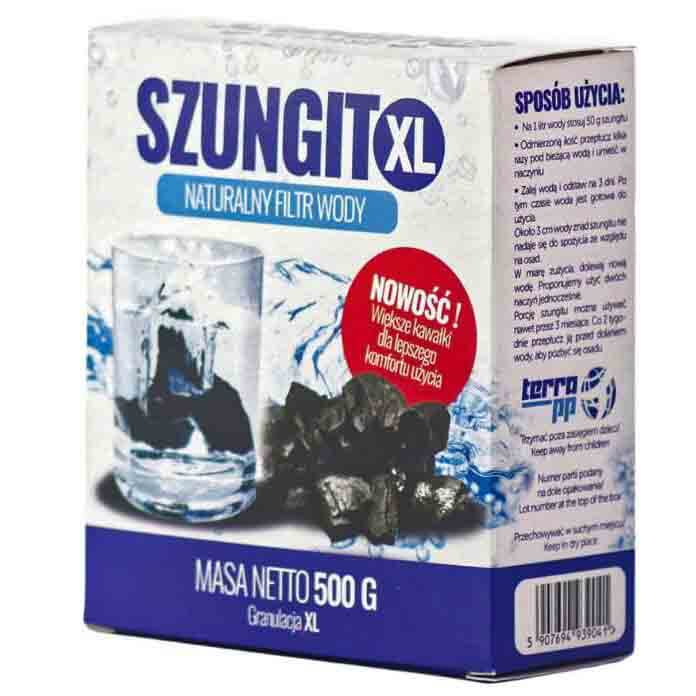 Naturwasserfilter aus Schungit mit XL-Körnung, 500g, von TERRA P.P., zeigt die grobe Schungit-Granulat im Behälter