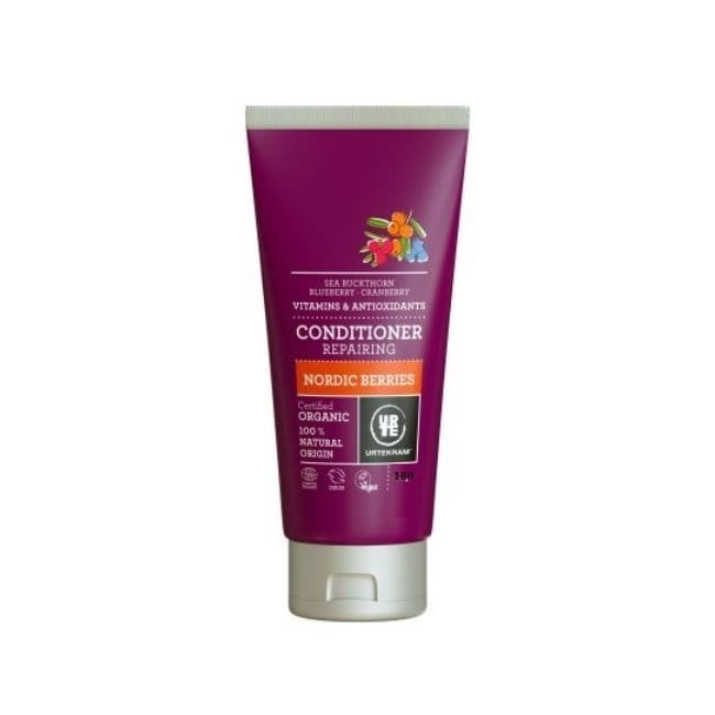 Nordische Beeren BIO Haarspülung von URTEKRAM in 180 ml Flasche, zeigt die Verpackung mit Beeren und natürlichen Inhaltsstoffen