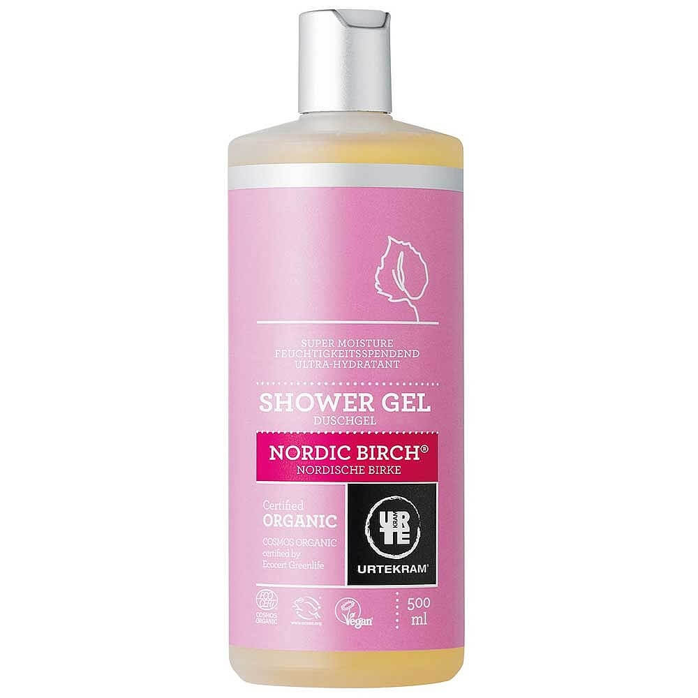 Nordisches Birke Duschgel von URTEKRAM, Bio, 500 ml Flasche mit grüner Verpackung und Birkenmotiv.