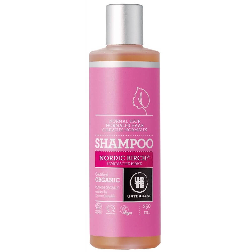 Nordisches Birkenshampoo von URTEKRAM für normales Haar, 250 ml, mit natürlichen Inhaltsstoffen in einer braunen Flasche.