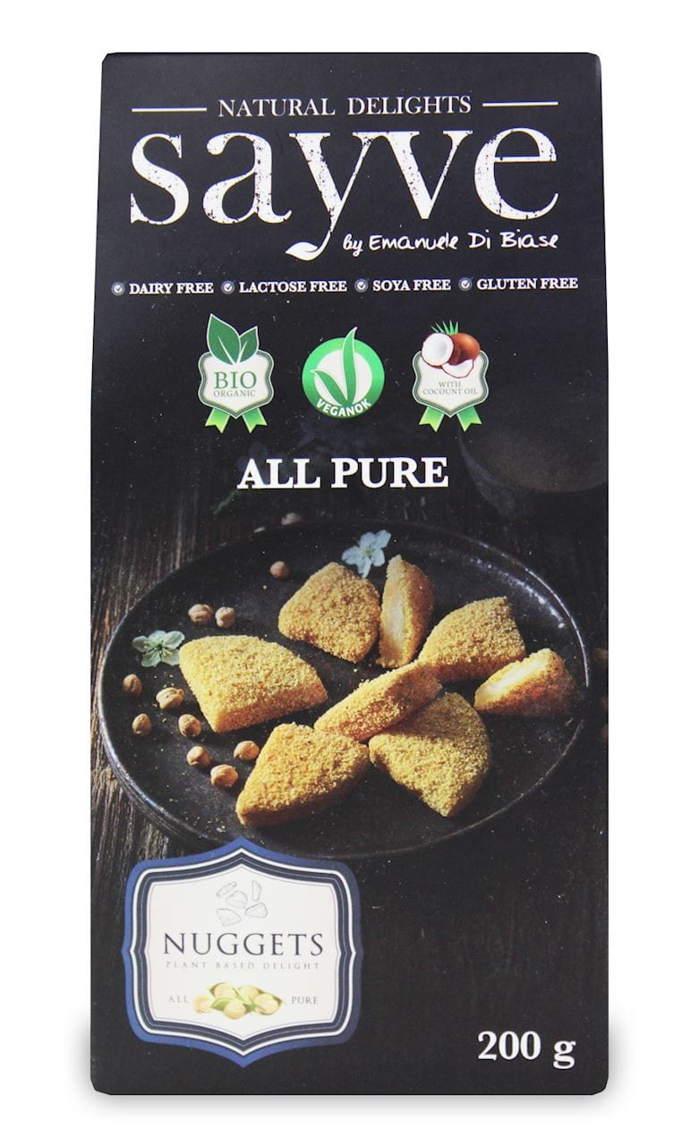 Vegane Kichererbsen-Nuggets von SAYVE, glutenfrei und laktosefrei, Bio-Qualität, auf einem Teller serviert.