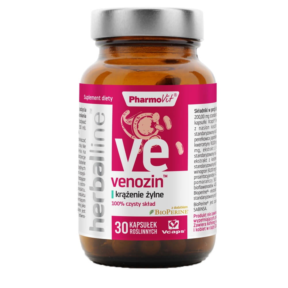 Venozin mit Bioperin in 30 Kapseln, Nahrungsergänzungsmittel von PHARMOVIT, sichtbare Verpackung und Kapseln.
