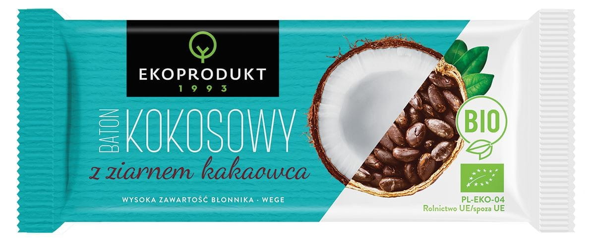 Bio Kokosriegel mit Kakaobohnen von EKOPRODUKT, 30 g, zeigt der Riegel mit Kokos, Kakaobohnen und nachhaltiger Verpackung