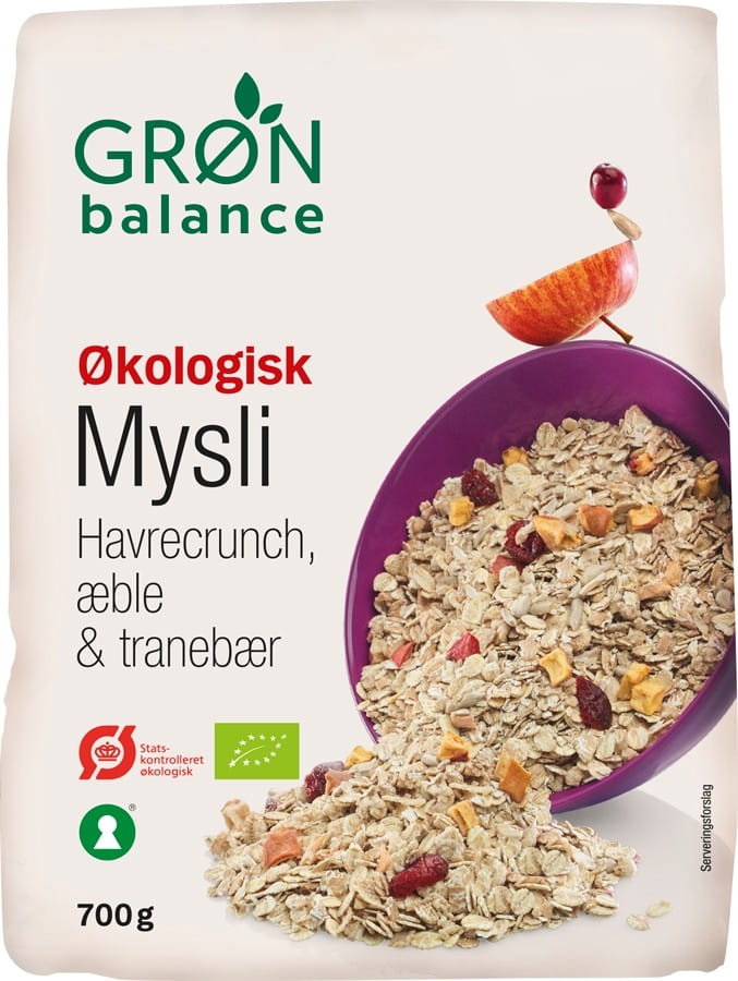 Knuspriges BIO Müsli von GRON BALANCE mit getrockneten Äpfeln, kandierten Cranberrys und Sonnenblumenkernen, 700 g.