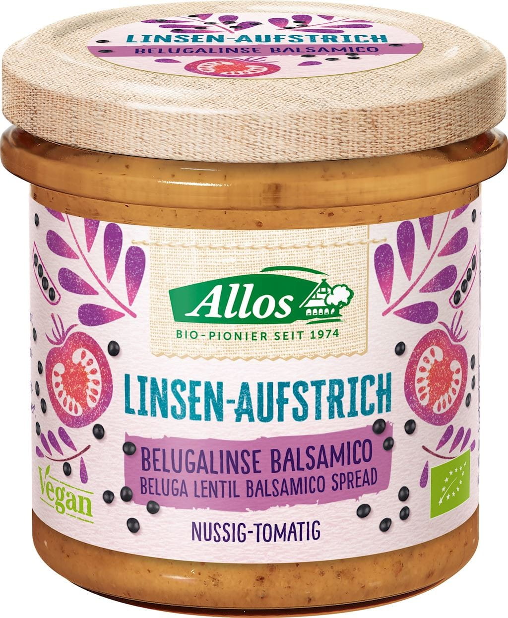 Glutenfreies Bio Tomatenmark mit Beluga-Linsen und Balsamico-Essig, 140 g, von ALLOS, cremige Konsistenz, frische Zutaten.