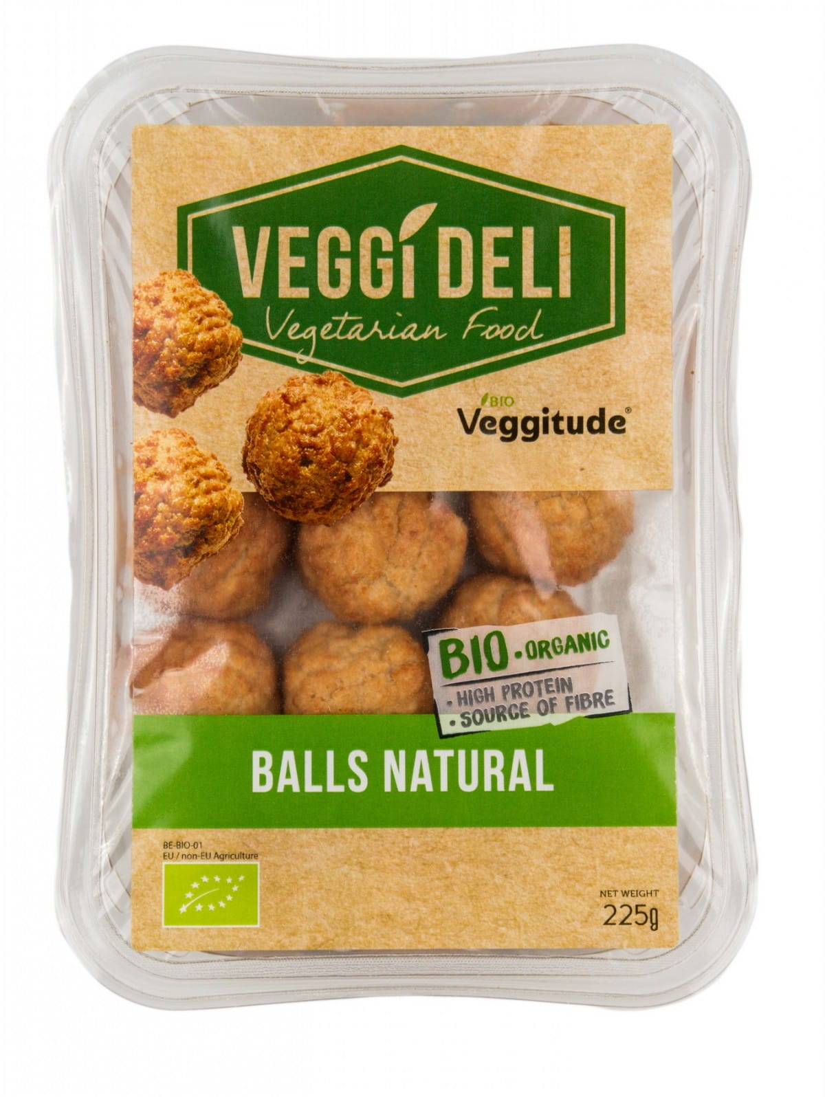 Vegetarische Bio-Frikadellen von VEGGI DELI, 225 g, auf einem Teller mit frischen Kräutern und Beilagen.