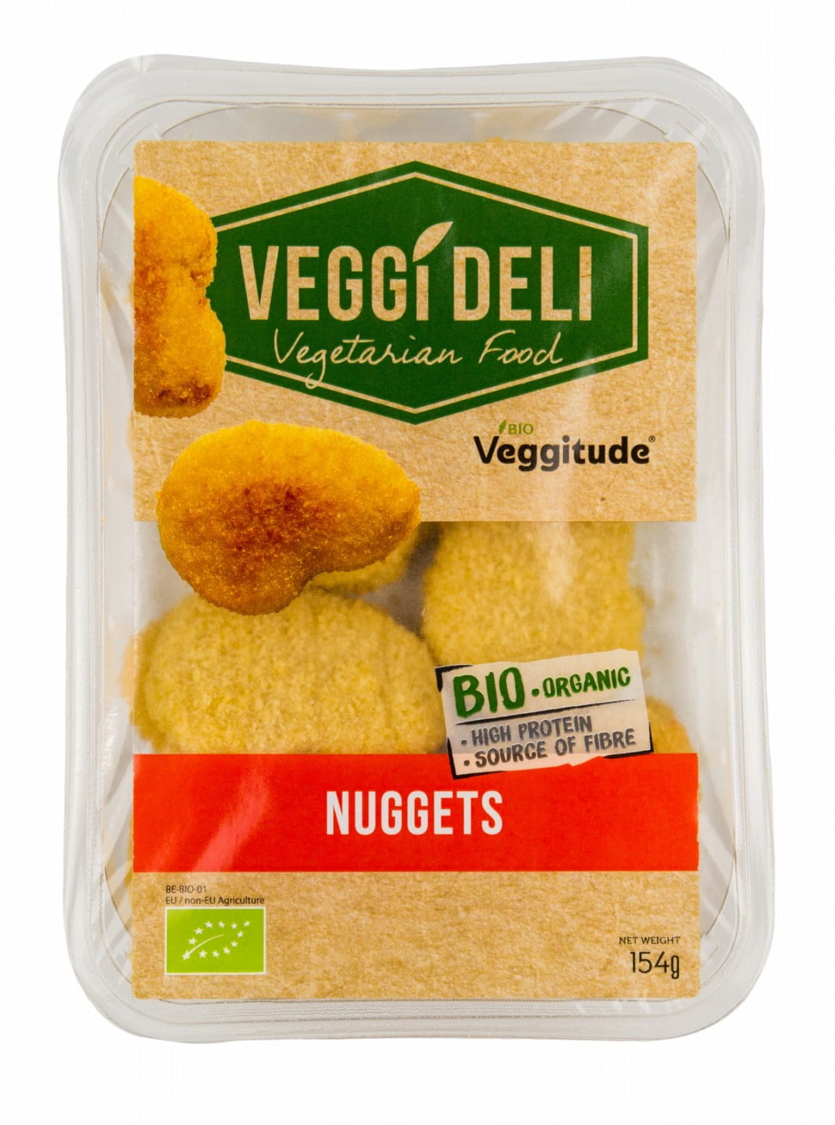 Vegetarische Bio-Nuggets von VEGGI DELI in 154 g Verpackung, knusprig und gesund, auf einem Teller serviert