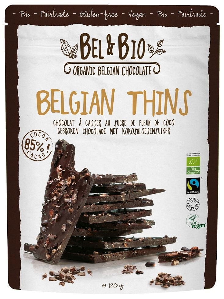 Zartbitterschokoladenstücke 85% mit geschroteten Kakaobohnen von BEL&BIO, glutenfrei und fair gehandelt, 120 g Verpackung