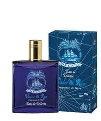 Flasche mit 100 ml Vetiver & Rum Eau de Toilette Aftershave von biogo, mit grüner Verpackung und goldener Kappe.