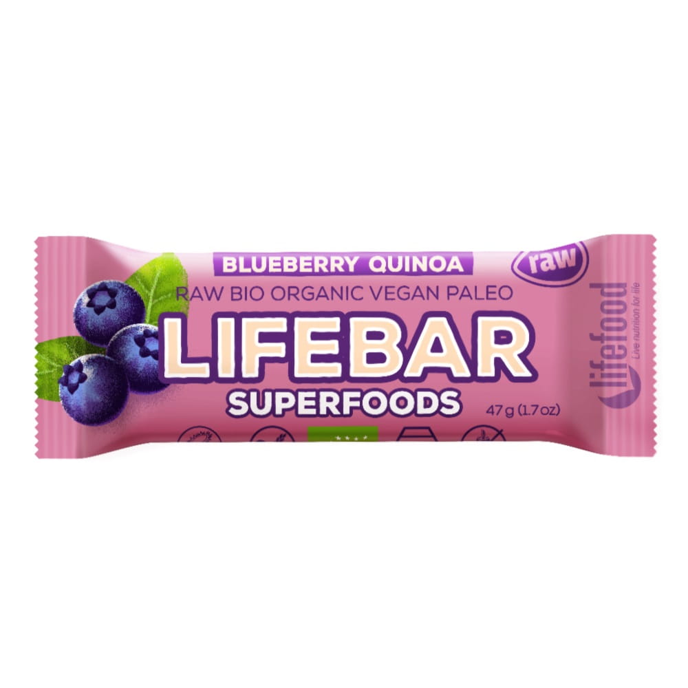 Riegel mit Blaubeere und Quinoa, roh, glutenfrei und bio, in 47 g Verpackung, von LIFEFOOD, auf einem weißen Hintergrund.