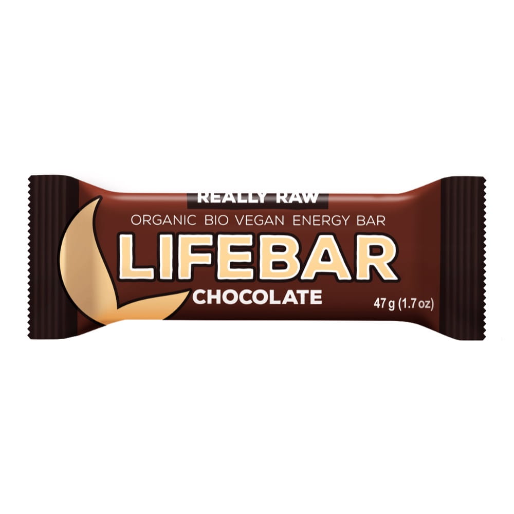 Roher, glutenfreier Schokoriegel BIO von LIFEFOOD mit 47 g, zeigt den dunklen, schokoladigen Riegel in Nahaufnahme.
