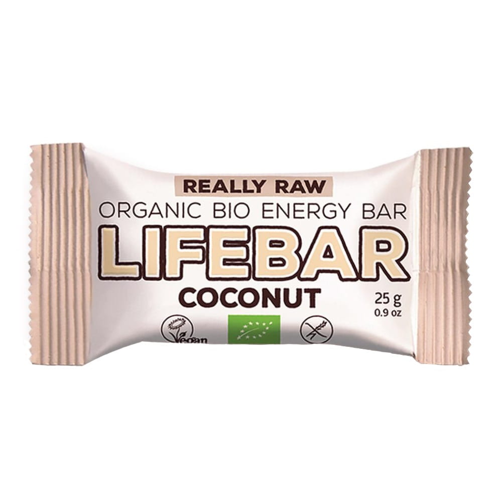 Roher glutenfreier Kokosriegel BIO von LIFEFOOD, 25 g, mit Kokosnuss und natürlichen Zutaten sichtbar im Bild.
