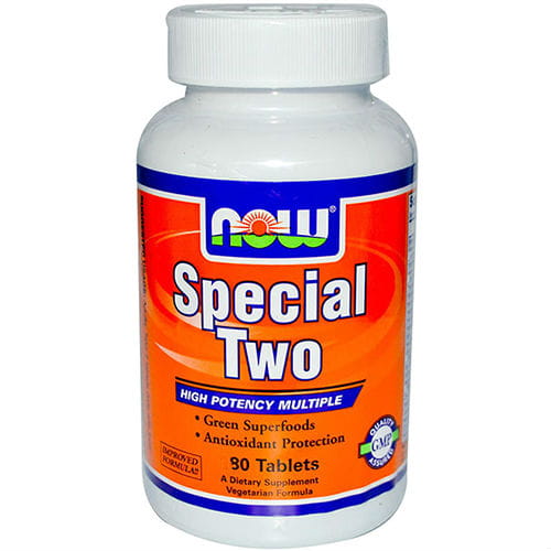 Multivitamin mit Mineralien Spezial zwei von NOW FOODS in 90 Kapseln, zeigt die Verpackung und Kapseln auf weißem Hintergrund.