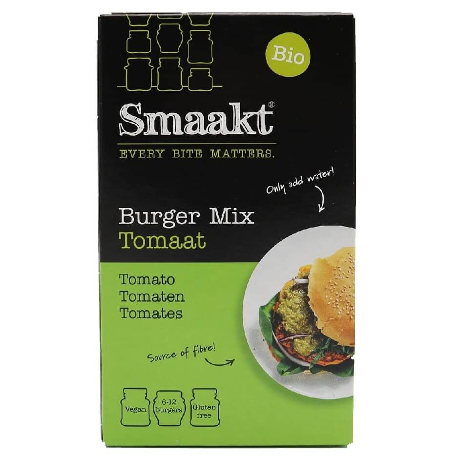 Bio glutenfreier Burger-Mix mit Tomaten von SMAAKT, 140 g, für die Zubereitung köstlicher, pflanzlicher Burger.