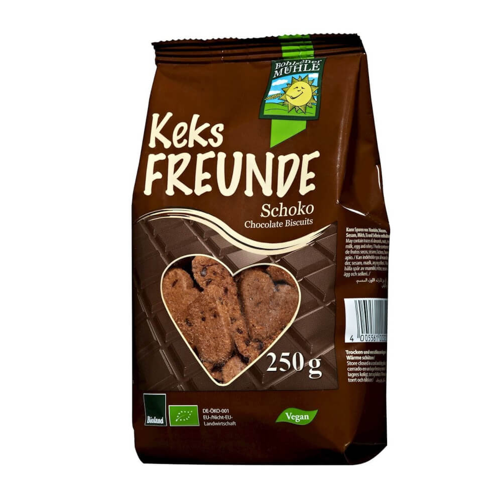 Bio-Schokoladenkekse von Bohlsener Mühle in 250 g Packung, mit schokoladigem Geschmack und knuspriger Textur.