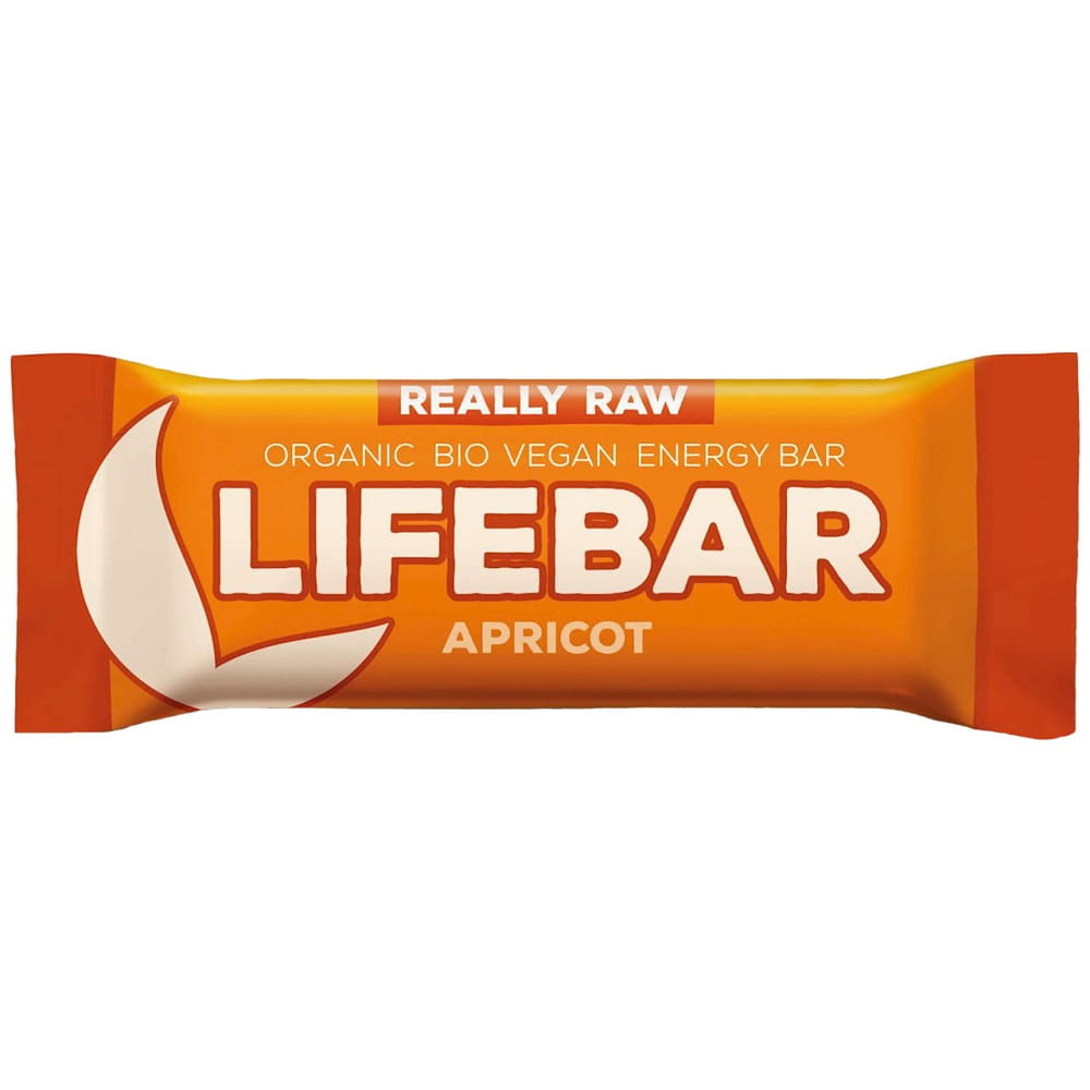 Bio Riegel mit getrockneten Aprikosen von LIFEFOOD, glutenfrei und roh, 47g, zeigt den getrockneten Aprikosen-Riegel in Verpackung