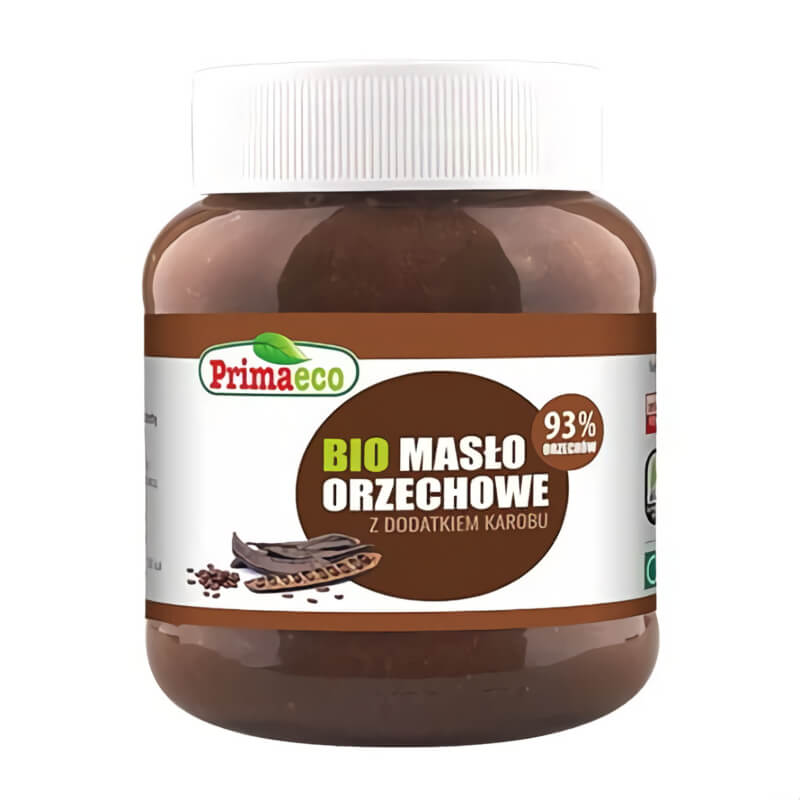 Bio Erdnusscreme mit Johannisbrot von PRIMAECO in 340 g Glas, cremige Konsistenz, natürliche Zutaten, nachhaltige Verpackung.
