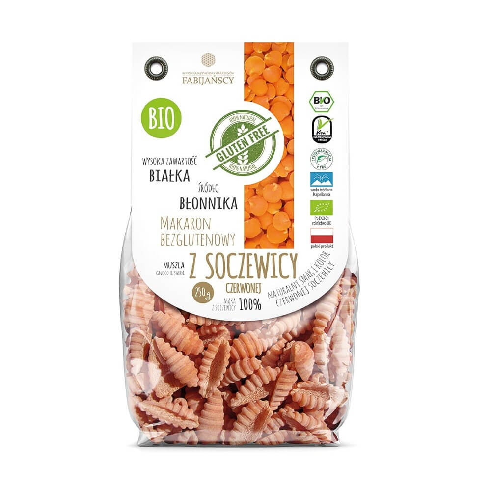 Rote Linsen Schalengnocchi Sardi von FABIJAŃSCY, glutenfrei und bio, auf weißem Hintergrund, 250g Packung.