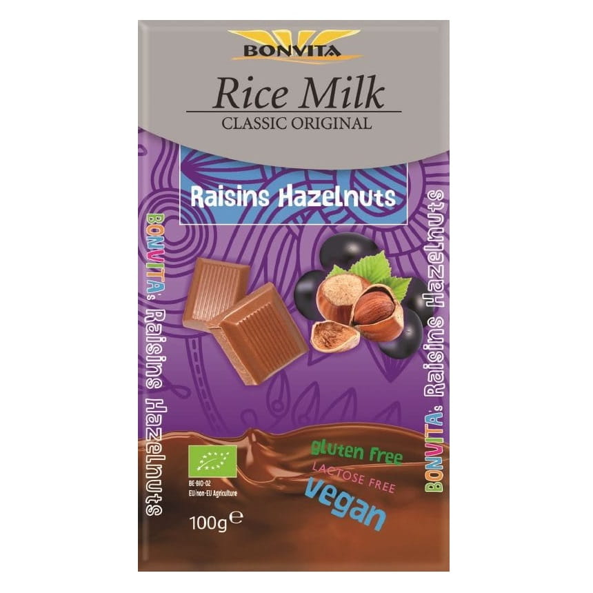 Laktosefreie BIO Schokolade mit Rosinen, Nüssen und Reisdrink von BONVITA, 100 g, glutenfrei, cremige Textur, sichtbare Zutaten.