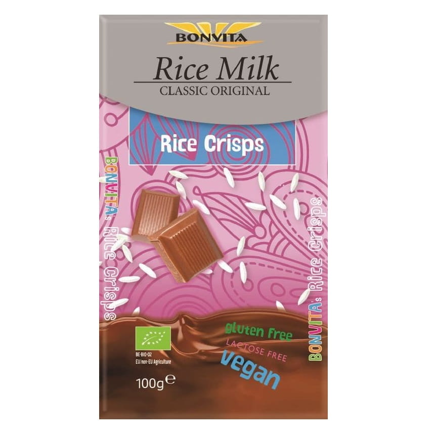 Laktosefreie, glutenfreie BIO Schokolade mit knusprigem Reis und Reisdrink, 100 g, von BONVITA.