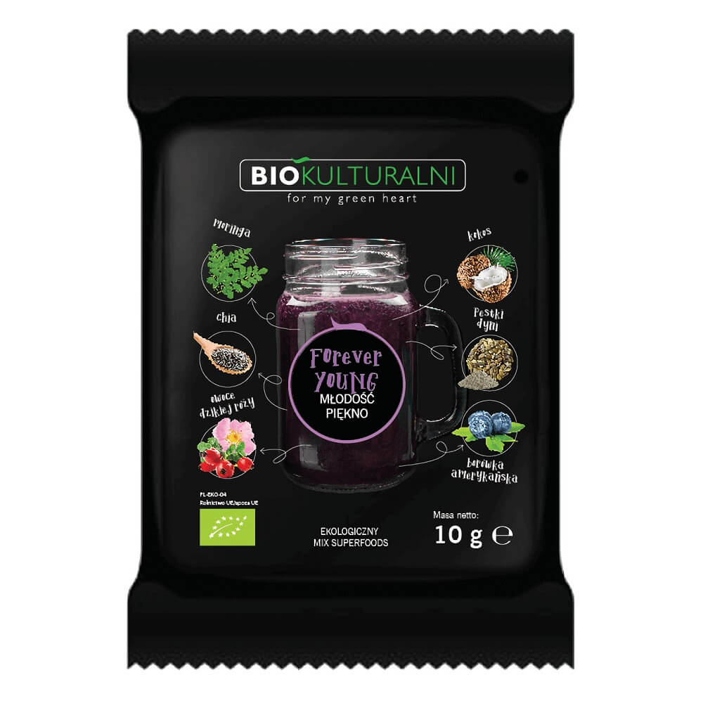 Mischung aus Bio-Superfoods Forever Young BIOKULTURALNI, 10 g, mit bunten Superfood-Pulvern in einer Verpackung.
