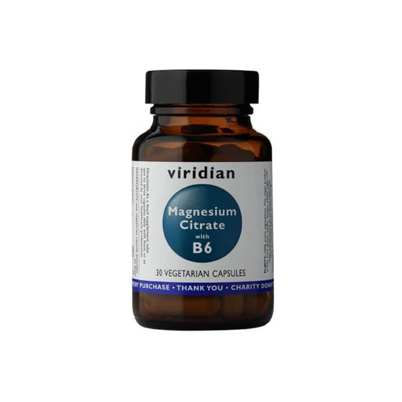VIRIDIAN Magnesium-Zb mit 6 Magnesiumcitrat und B6, 30 Kapseln, zeigt die Kapseln in einer blauen Verpackung.