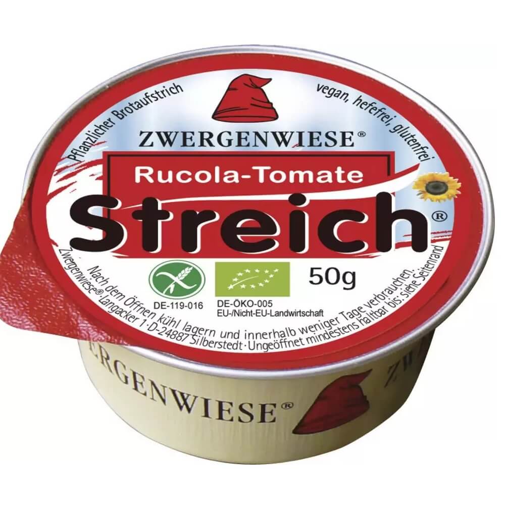Sonnenblumenpaste mit Rucola und Tomaten von ZWERGENWIESE, glutenfrei und biologisch, in 50 g Packung, cremige Aufstrich.
