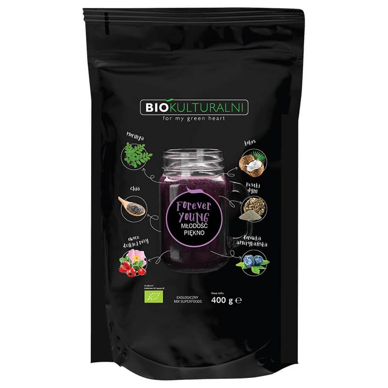 Mischung aus Superfoods Forever Young BIO von BIOKULTURALNI, 400 g, mit bunten getrockneten Früchten und Samen in einer Schale