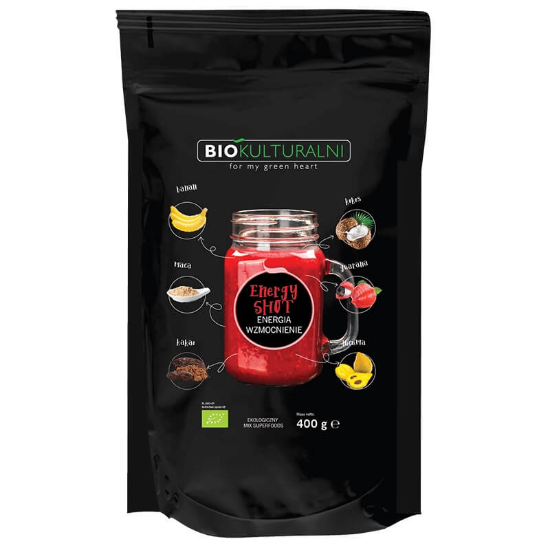 Mischung aus Bio-Superfood Energy Shot von BIOKULTURALNI, 400 g, mit bunten getrockneten Superfood-Stückchen in einer Schale