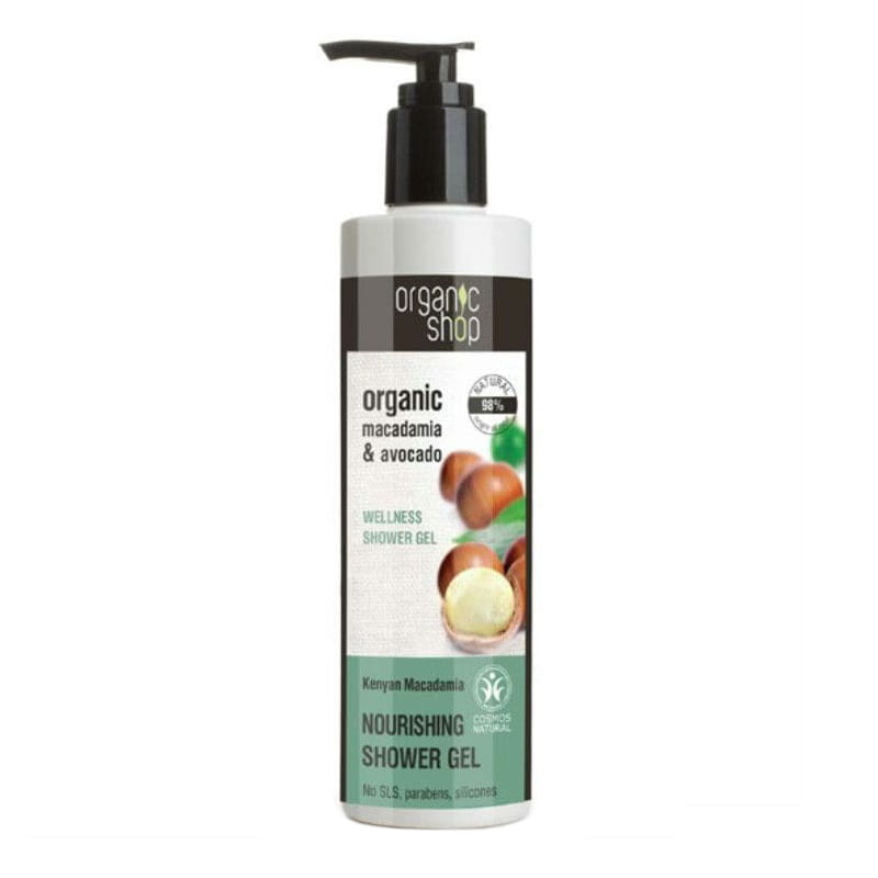 Pflegendes Duschgel mit kenianischen Macadamianüssen von ORGANIC SHOP, 280 ml, cremige Textur, für sanfte Hautpflege.