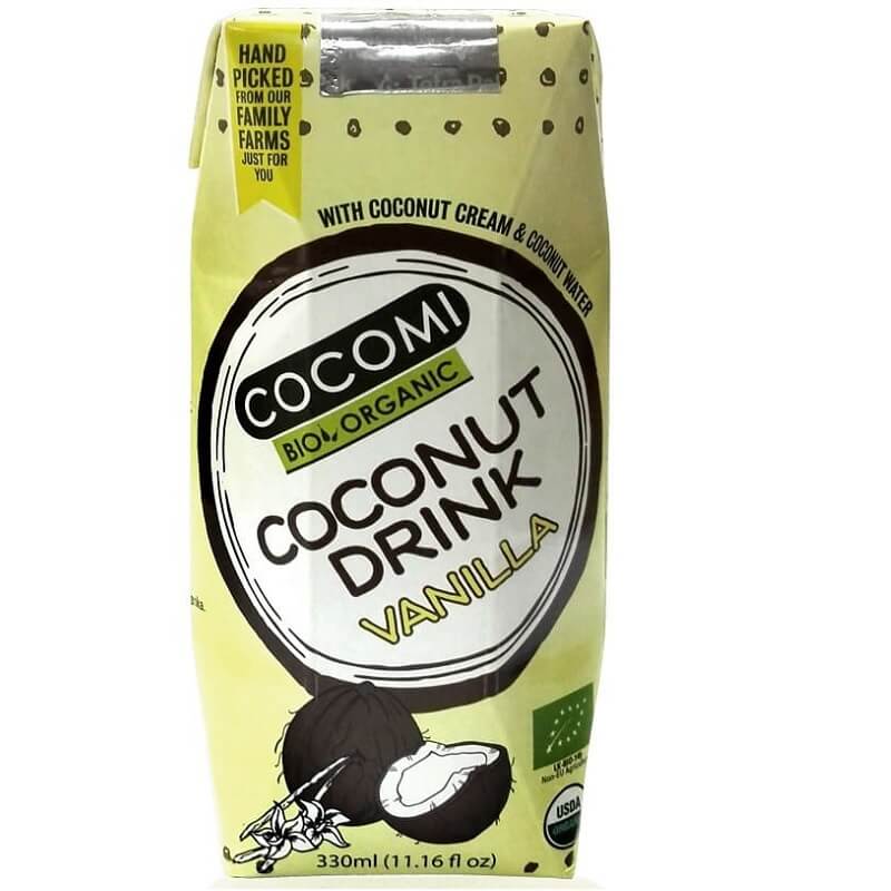 Bio Kokosgetränk mit Vanillegeschmack von COCOMI, 330 ml Flasche, cremige Kokosmilch mit Vaniljearoma, naturbelassen.