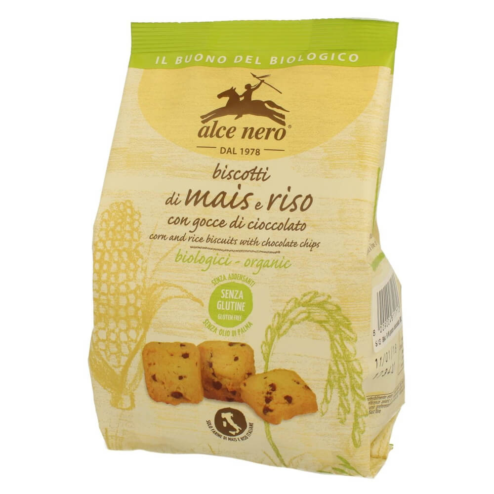 Glutenfreier Bio Mais-Reis-Kuchen mit Schokolade von ALCE NERO, 200 g, zeigt den schokoladigen Mais-Reis-Kuchen in der Verpackung