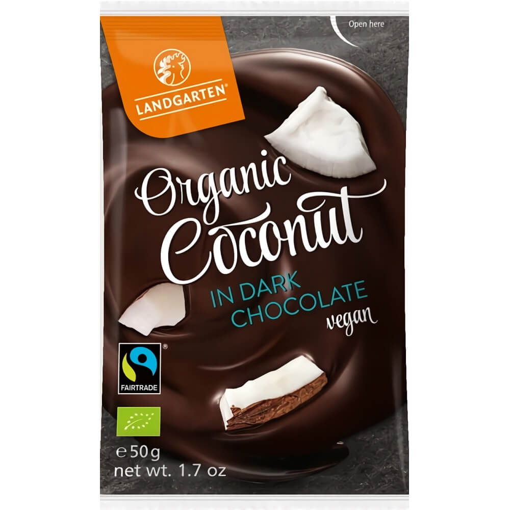 Gefriergetrocknete Kokosnuss in Zartbitterschokolade von LANDGARTEN, glutenfrei, BIO, 50 g, detailreiche Nahaufnahme