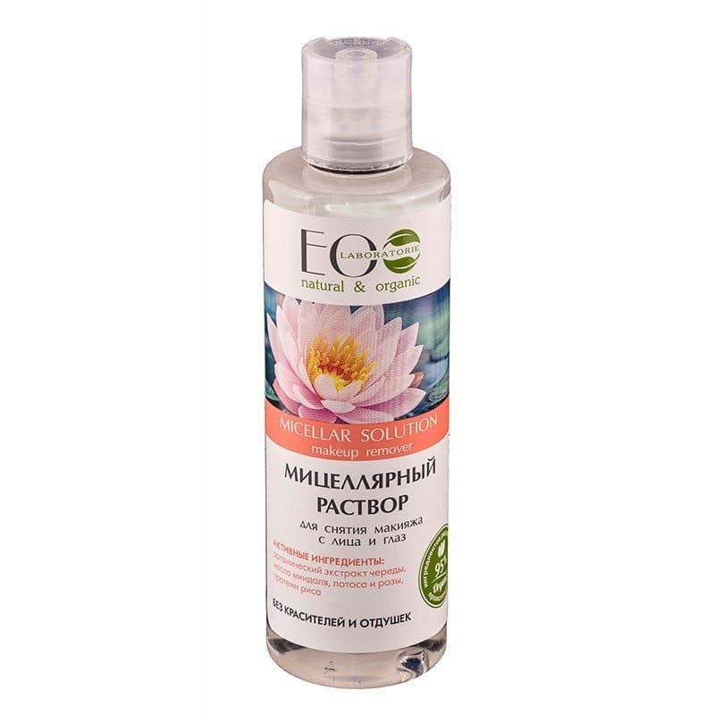 Mizellenwasser von EO LABORATORIE, 200 ml, zum sanften Abschminken von Gesicht und Augen, klare Flüssigkeit in Flasche