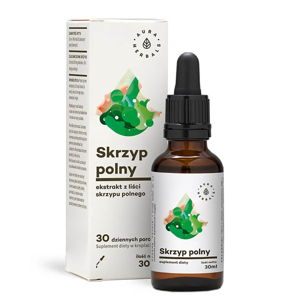 Flasche mit Schachtelhalmblattextrakt 4:1 500mg in 30ml Tropfflasche von AURA HERBALS.