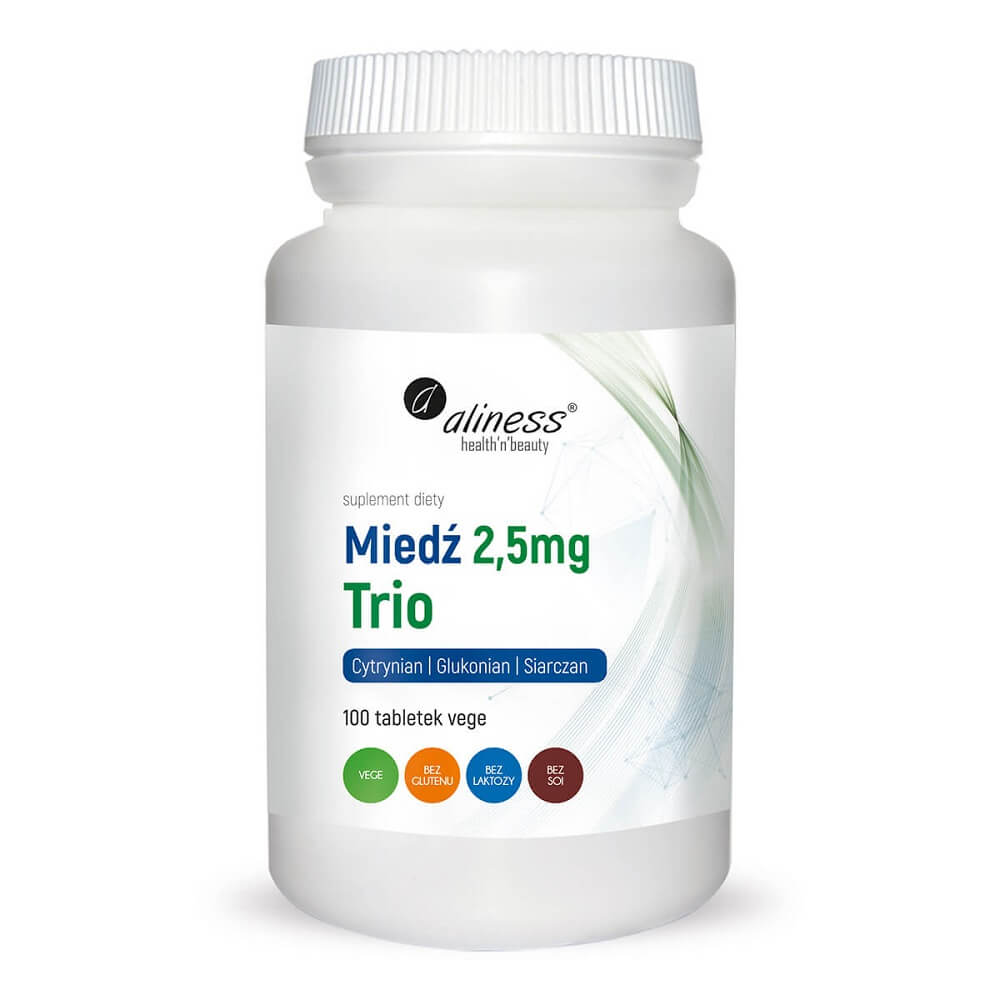 Kupfertriocitratgluconatsulfat 25 mg in 100 Tabletten von ALINESS, zeigt die Verpackung und Tabletten auf weißem Hintergrund.