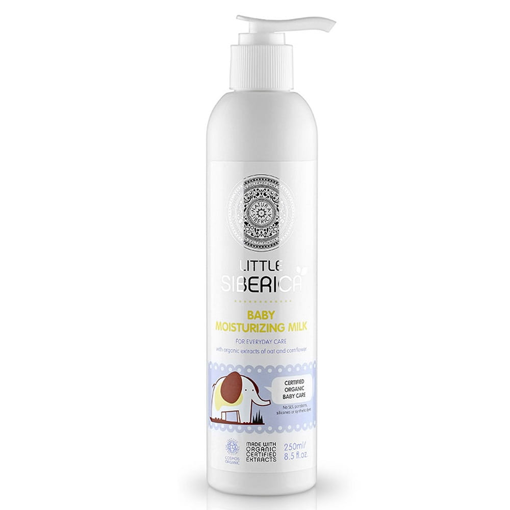 Feuchtigkeitsmilch für Kinder von NATURA SIBERICA, 250 ml Flasche mit kinderfreundlicher Pflege, auf weißem Hintergrund.