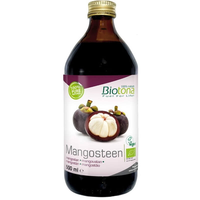 Mangostan-Fruchtpüree BIO von PHYSALIS in 500 ml Flasche, cremige Textur, frisch und fruchtig, ideal für gesunde Ernährung.