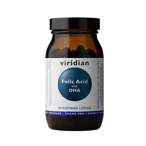 VIRIDIAN Folsäure mit DHA, 90 Kapseln, Nahaufnahme der Kapseln in einer Packung.