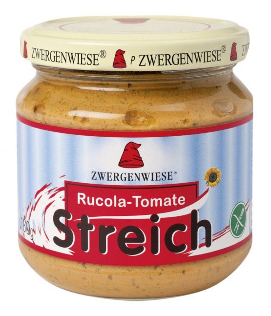 Glutenfreie Sonnenblumenpaste mit Rucola und Tomaten von ZWERGENWIESE in 180 g Glas, frisch und biologisch.